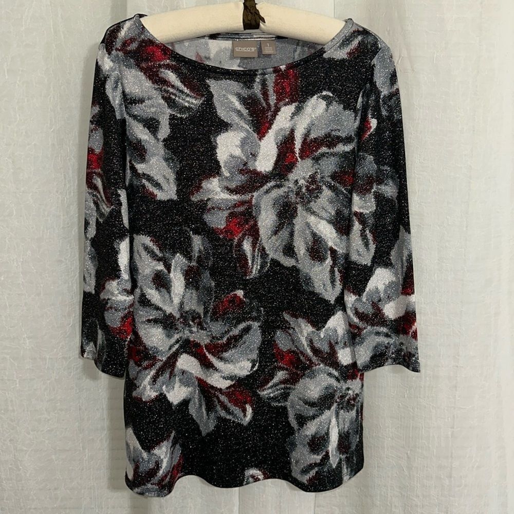 Chico’s 1 M Black Silver Metallic Red Burgundy Floral Quarter Sleeve Sweater